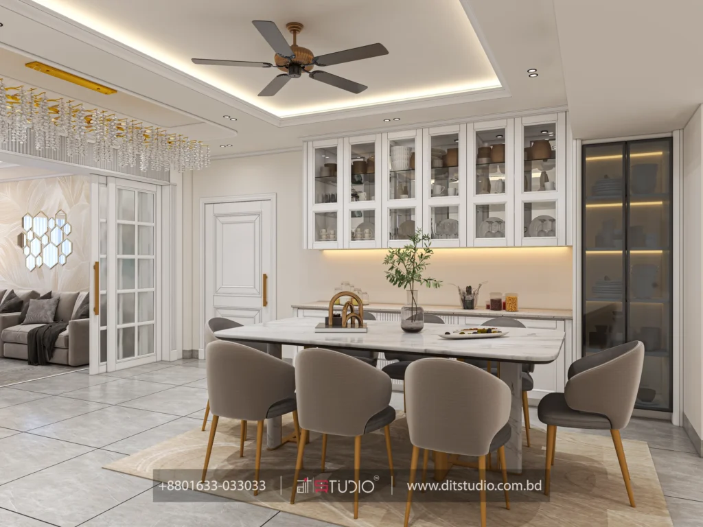 Dining room framed by glazed sliding doors with a crystal bar chandelier over the lounge