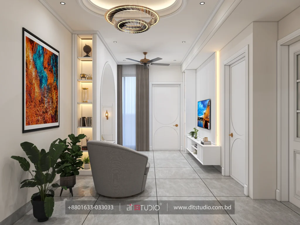 Entry lobby with gold ring chandelier, lit display niche, swivel chair and indoor plants