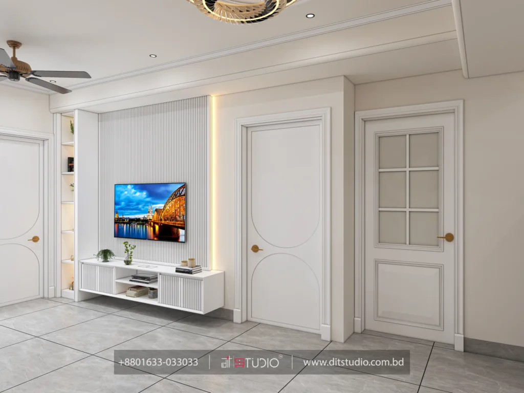 Fluted white TV panel wall with floating console and curved panel doors, Bashundhara Block-M