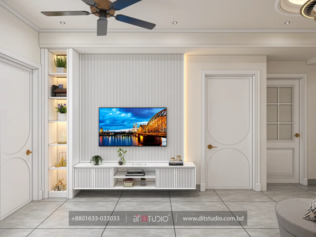 TV wall in fluted white panelling flanked by a lit open display shelf column