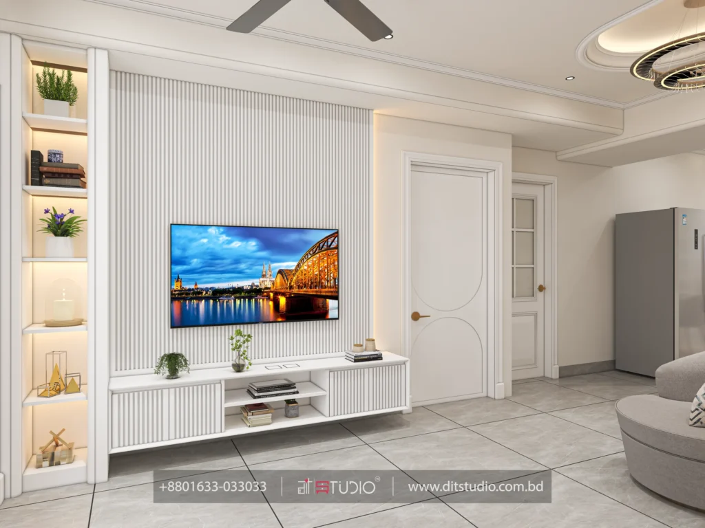 Angled view of the fluted TV wall, backlit niche shelving and side by side refrigerator