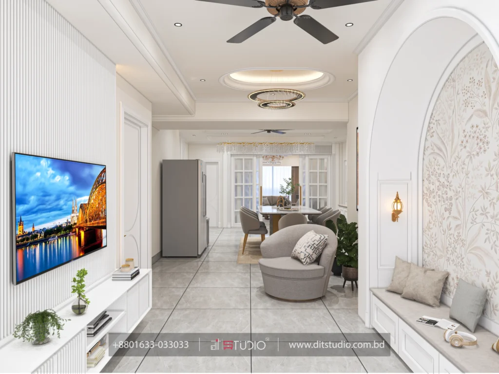 Corridor view from the TV wall through to the dining table and arched alcove bench
