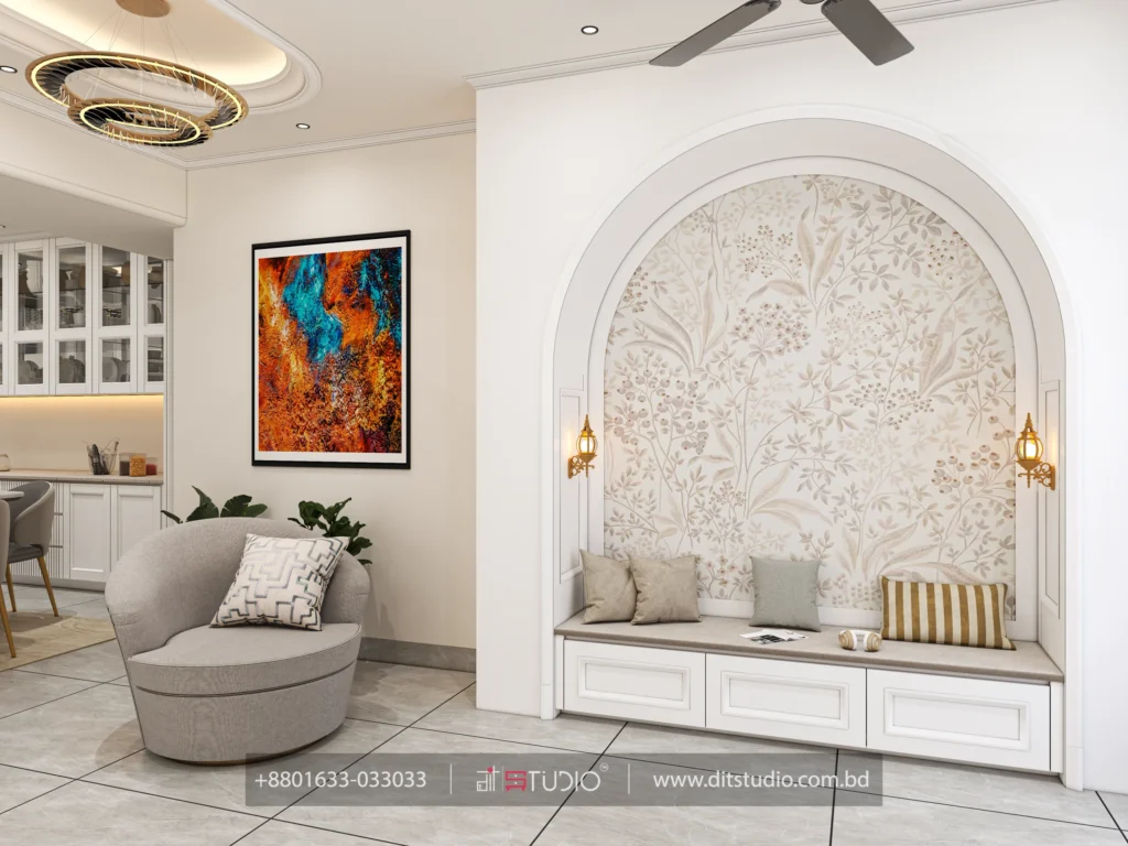 Arched alcove with floral wallpaper, cushioned bench seat and brass lantern sconces