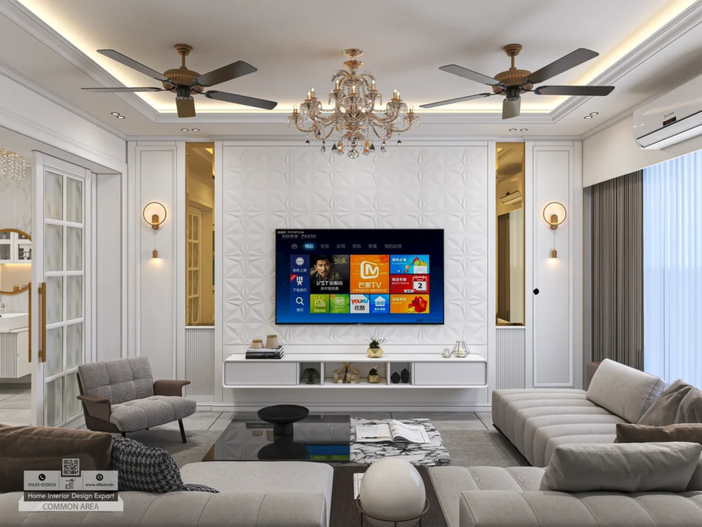 Living room opening to dining room with floral mural and copper sculpture