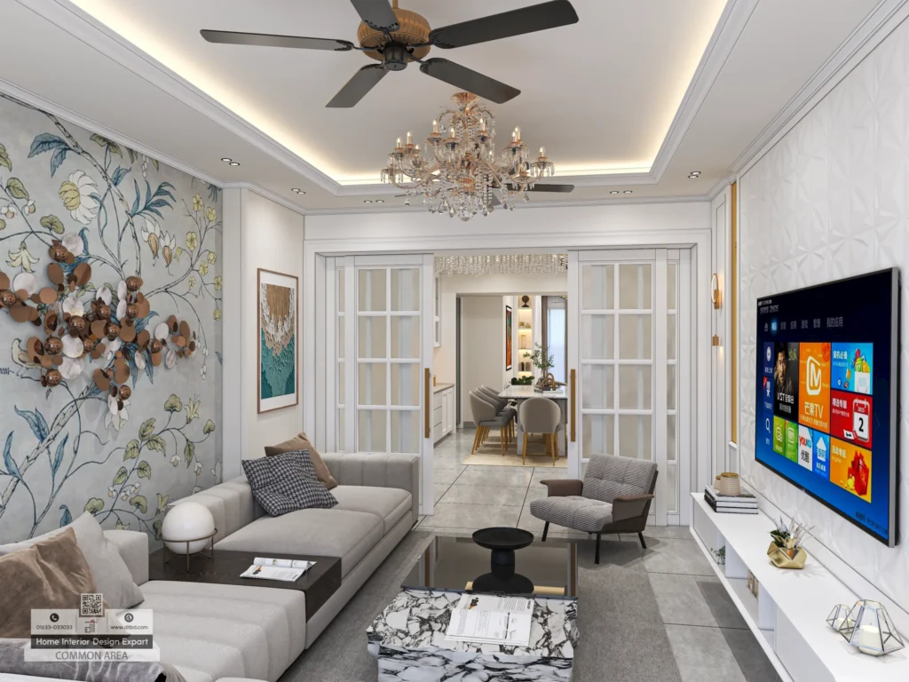 Floral wallpaper mural with copper disc sculpture under crystal chandelier