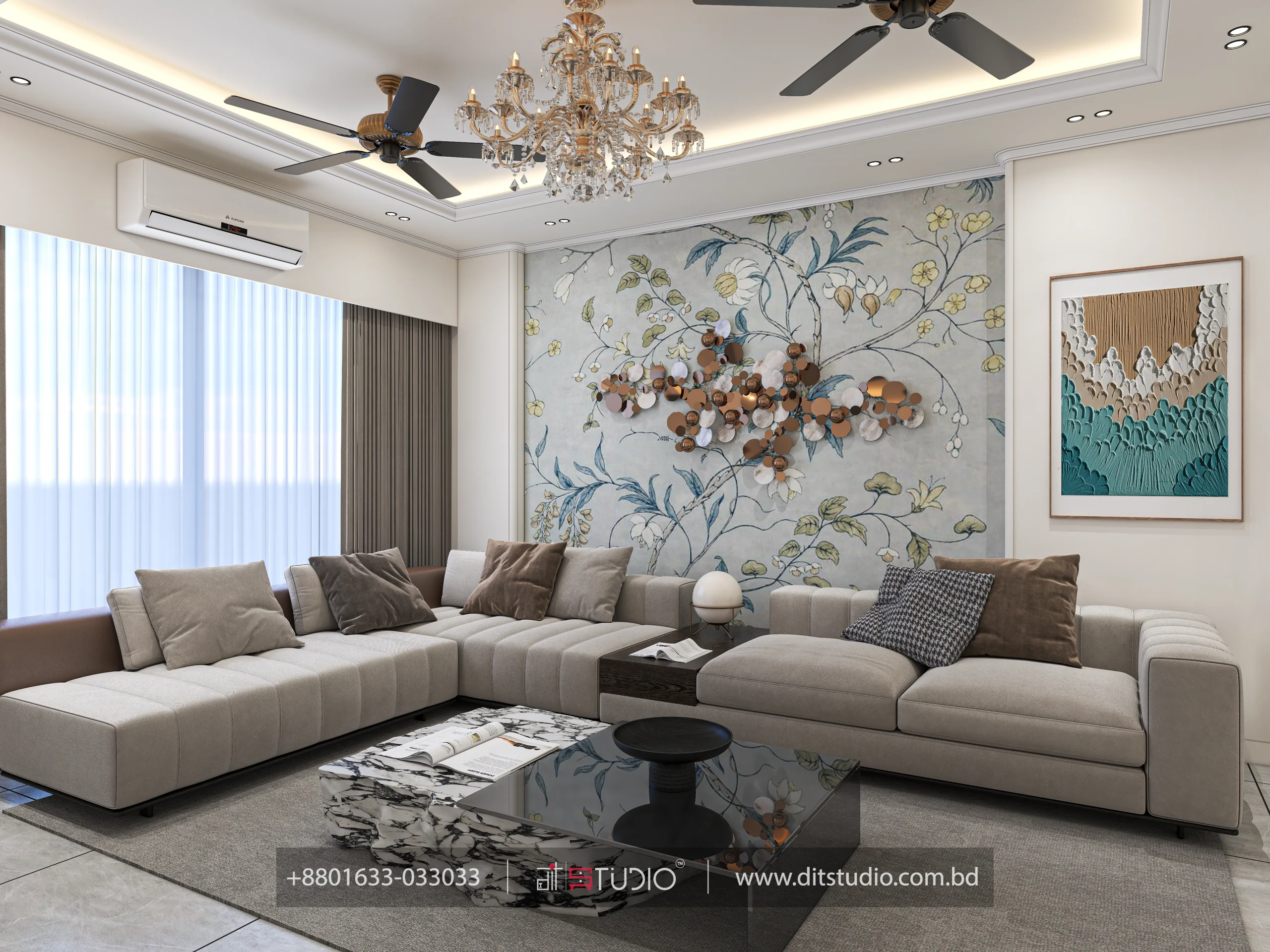 Dining under a rectangular crystal chandelier with white sideboard cabinetry and refrigerator