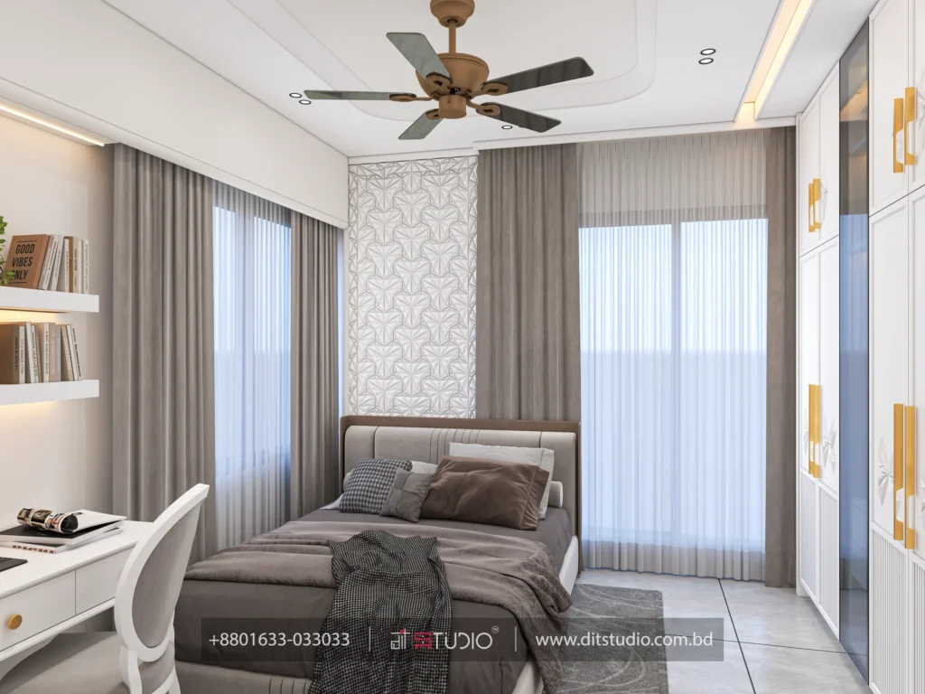 Girls bedroom with 3D floral panel accent, upholstered bed and white study desk, Bashundhara