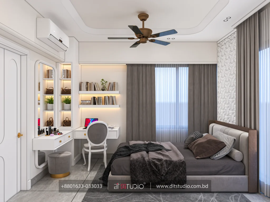 Girls bedroom with lit vanity, floating bookshelves, study desk and single bed