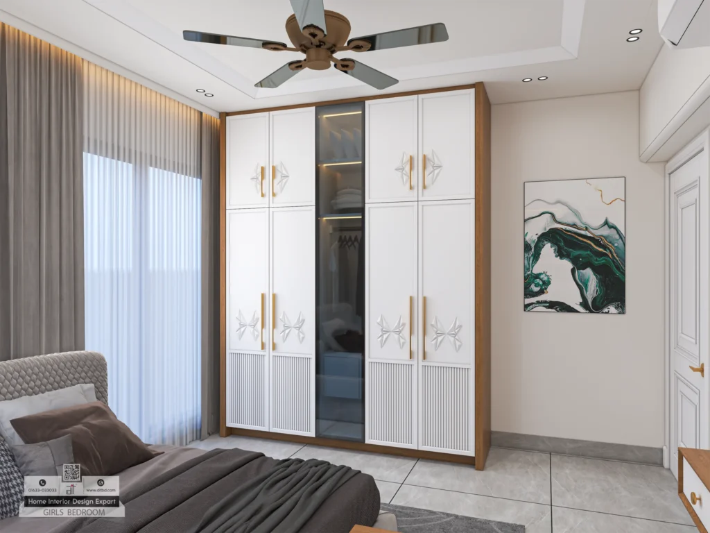 Wide view of girls bedroom wardrobe with butterfly patterned doors