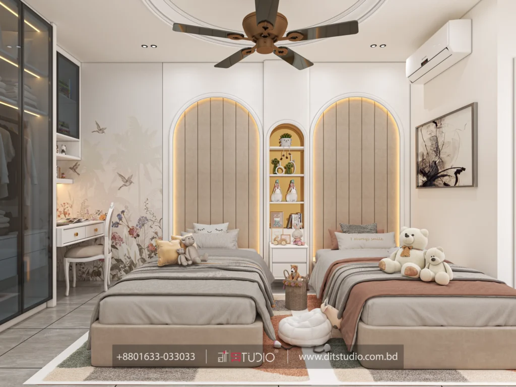 Kids bedroom with twin beds, arched padded headboards and hummingbird mural wallpaper