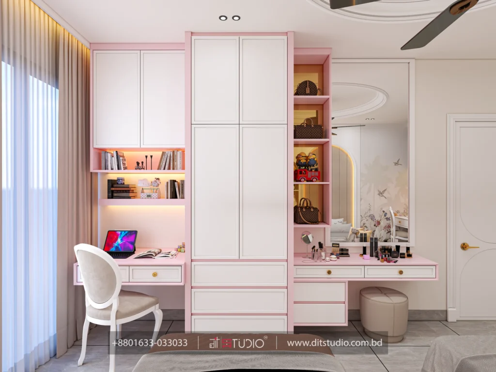 Pink and white kids study unit with lit shelves, wardrobe and mirrored dressing table