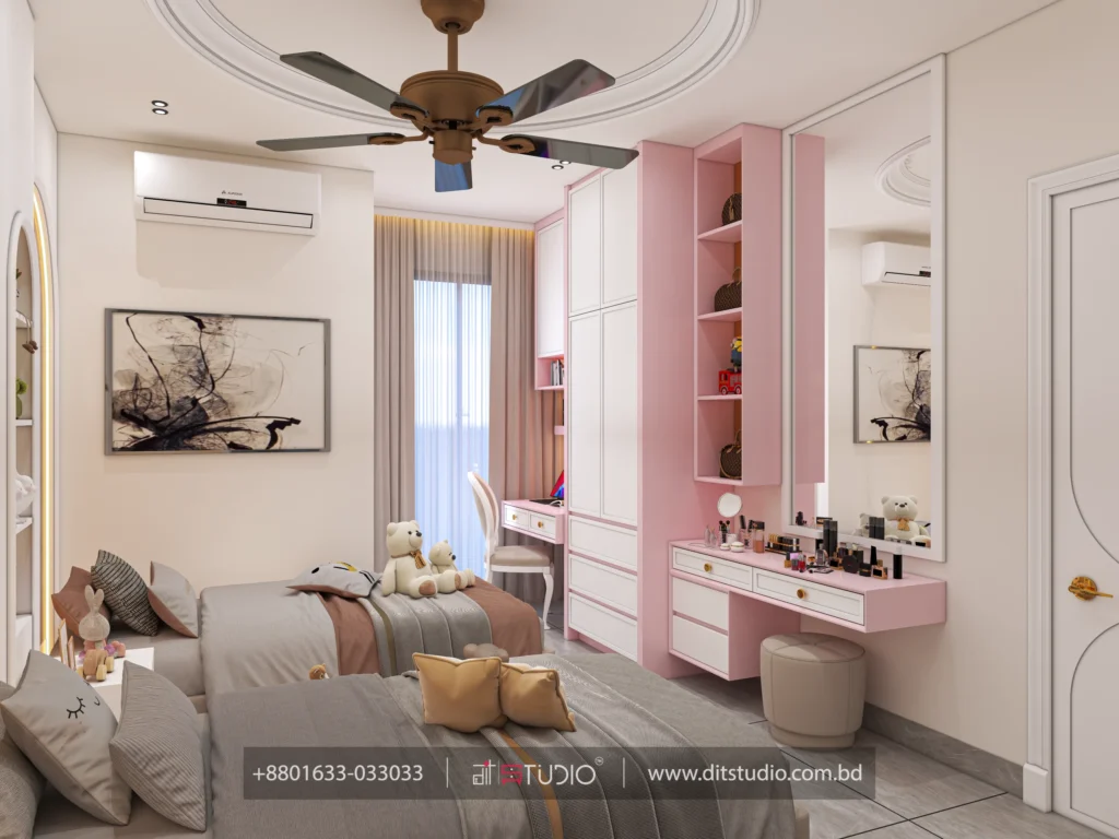 Twin bed kids room with pink dressing unit, tall wardrobe and abstract framed art