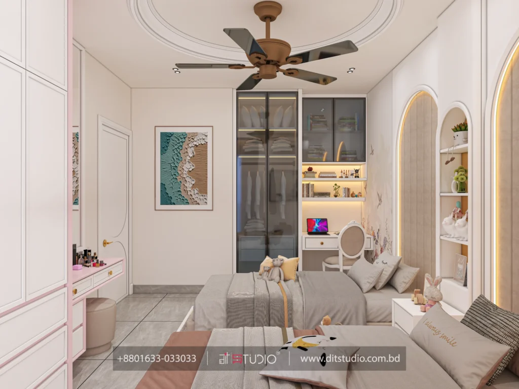 Kids bedroom with glass front wardrobe, study nook and arched backlit display shelves