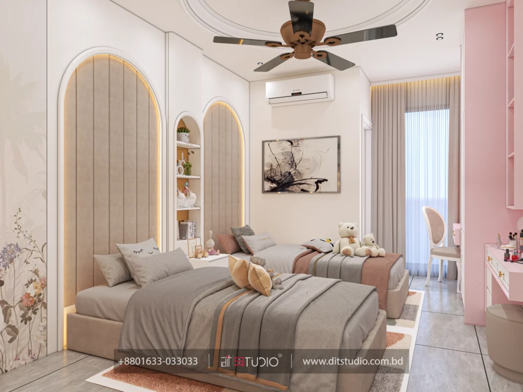 Twin beds with arched upholstered headboards, floral mural wall and pink dresser