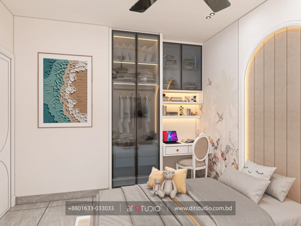 Backlit glass wardrobe and study desk beside a bird print mural in a girls bedroom