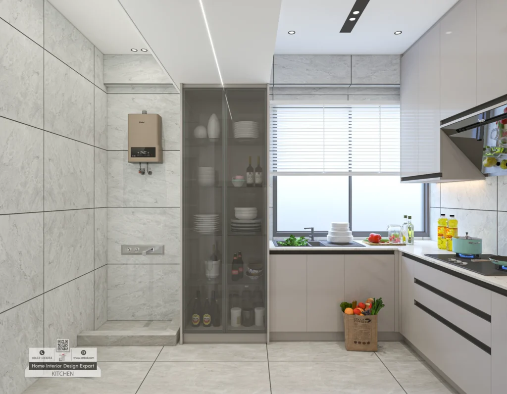 Modern L shaped kitchen with gray marble tile and glass front dish cabinet