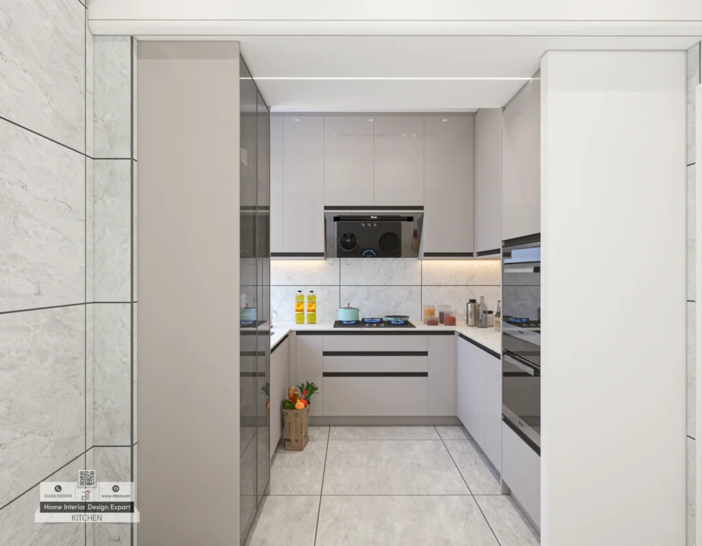 Kitchen cooking zone with glossy gray cabinets and built in oven column