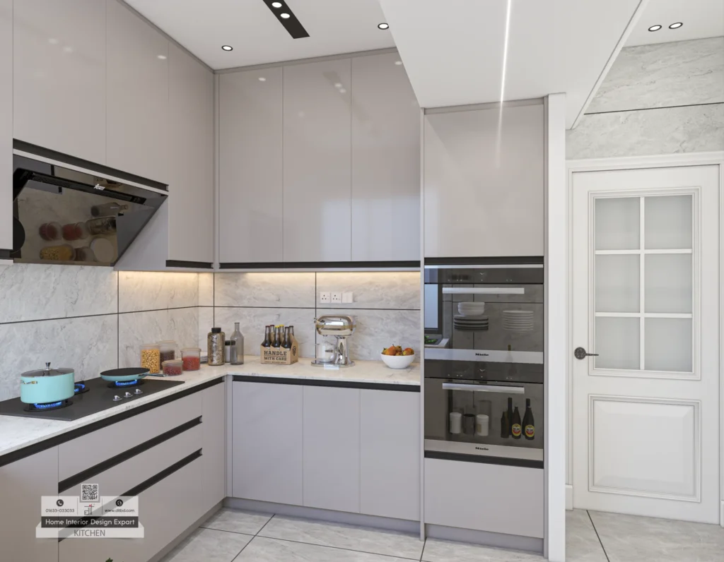 Kitchen counter with stand mixer, fruit bowl and marble look backsplash