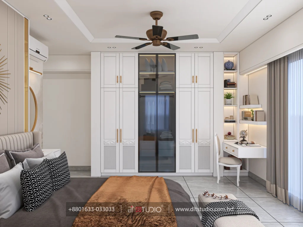 Master bedroom wardrobe wall in white with a glass centre unit and compact study desk