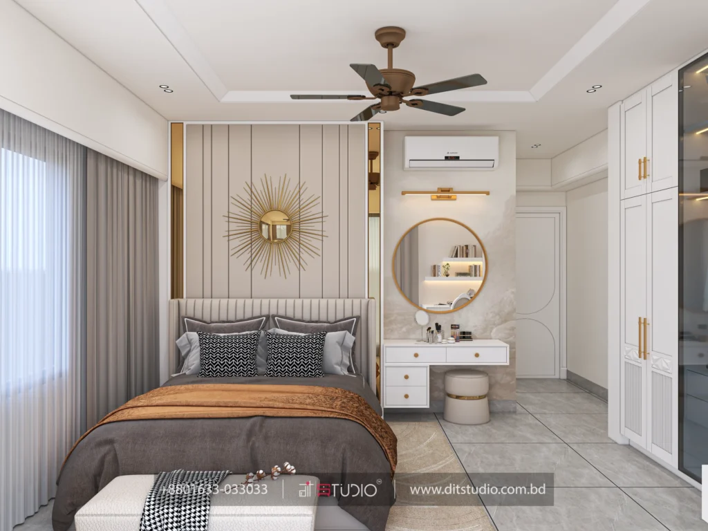 Master bedroom with gold sunburst mirror, fluted headboard panel and marble dressing nook