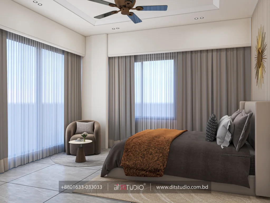 Master bedroom corner with layered sheer curtains, accent chair and round side table