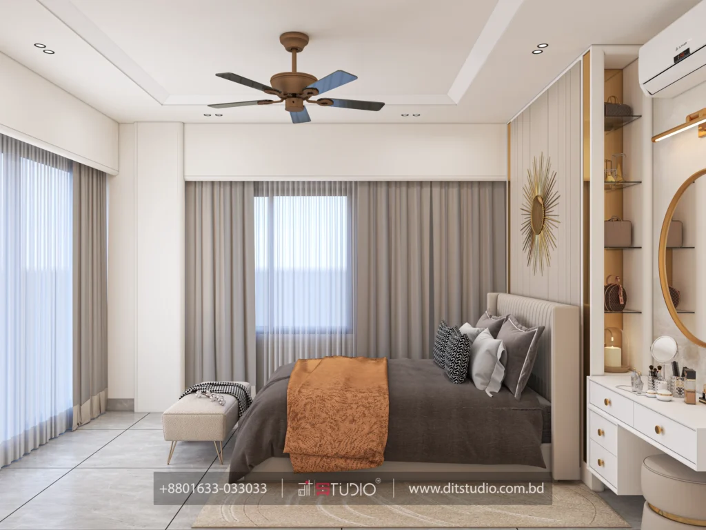 Master bedroom with dressing table, round lit mirror and open handbag display shelving