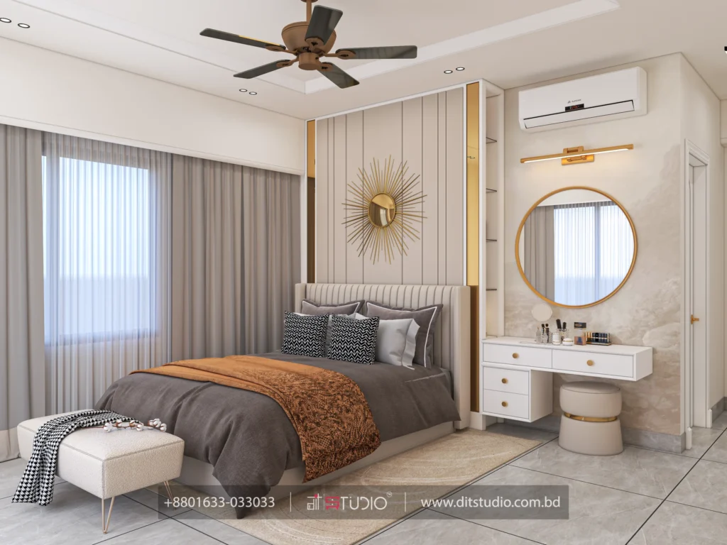 Master bedroom with channel tufted headboard, sunburst mirror and white dressing unit
