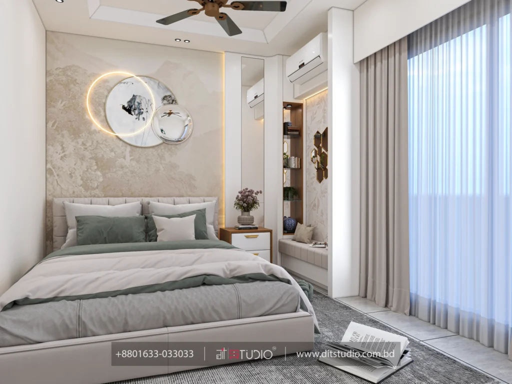 Parents bedroom with circular art panels, backlit ring, green bedding and window bench