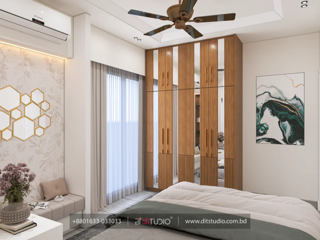 Parents bedroom with hexagon gold mirrors, floral wallpaper and wood veneer wardrobe