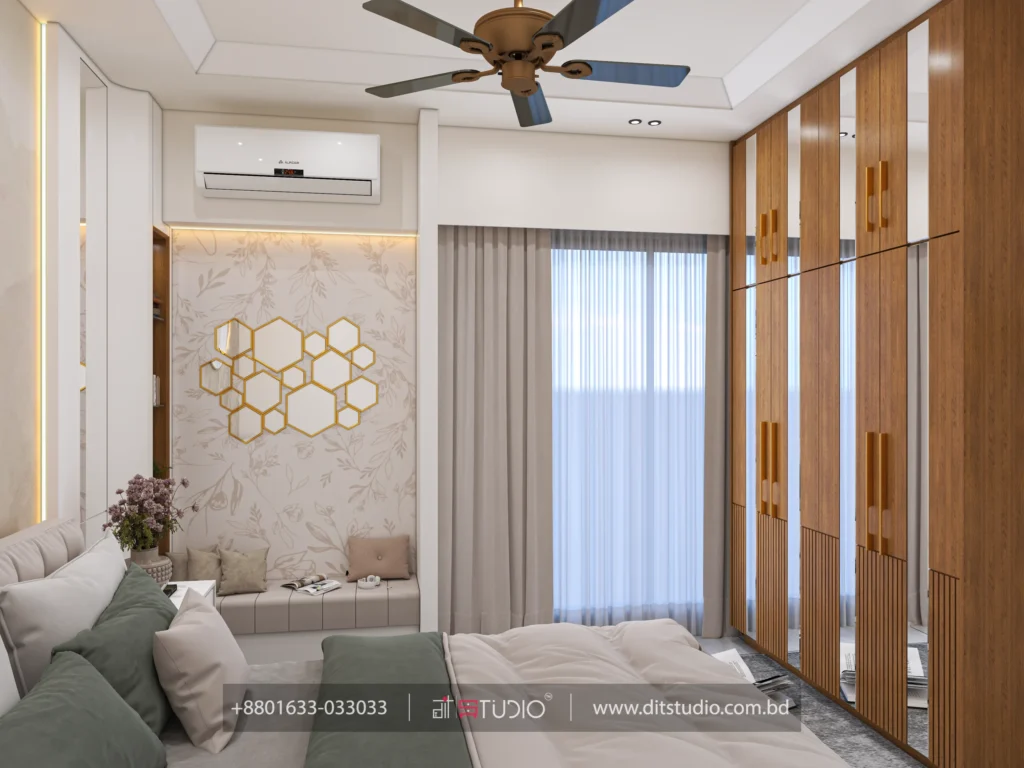 Wood veneer wardrobe with mirror strips beside a hexagon mirror feature wall