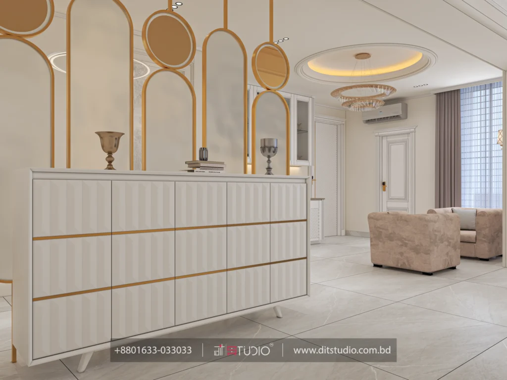 Entry console in white fluted wood below a gold arch mirror screen, Gulshan 2 apartment