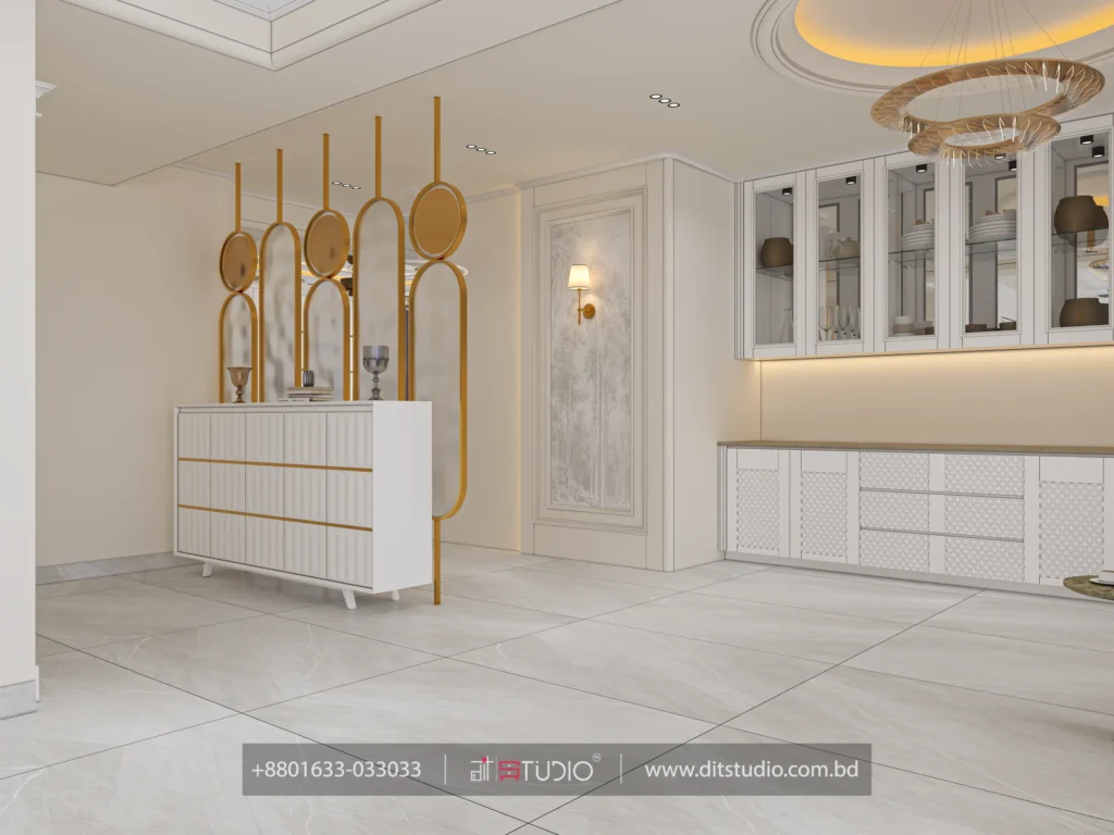 Gold arch mirror partition with fluted console and glass front crockery cabinets, Gulshan 2
