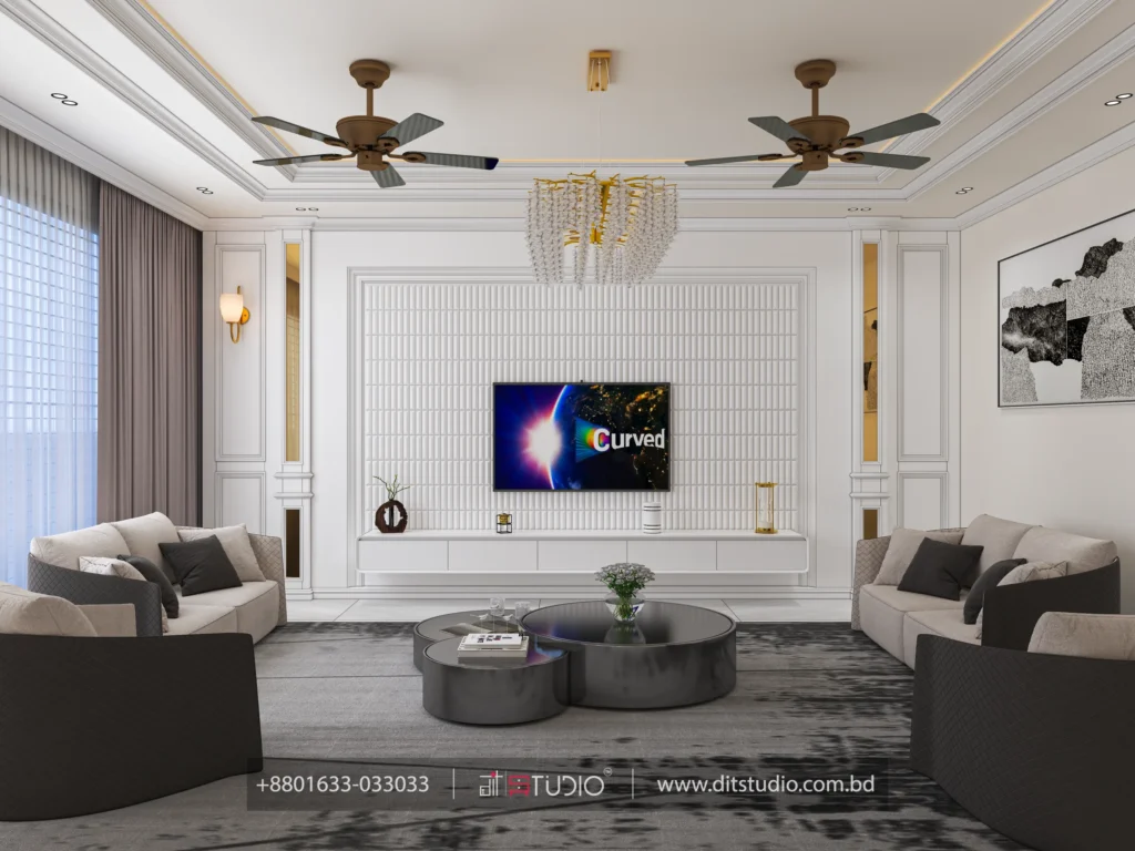 Living room with white grid panel TV wall, crystal chandelier and beige sofa set, Gulshan 2