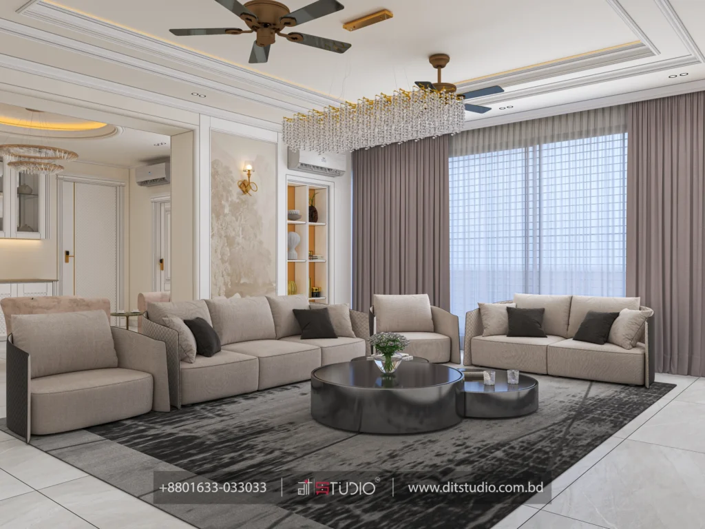 Formal lounge with three beige sofas, crystal bar chandelier and dark round coffee tables