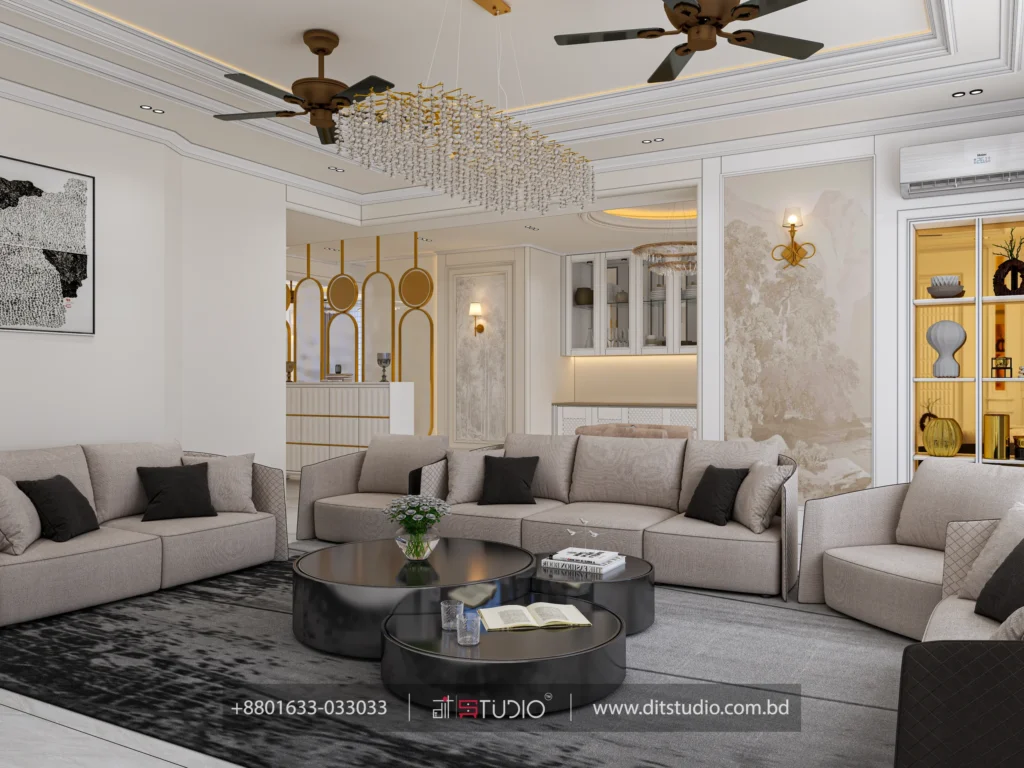 Living room seating facing a gold mirror screen entry and a lit display cabinet, Gulshan 2