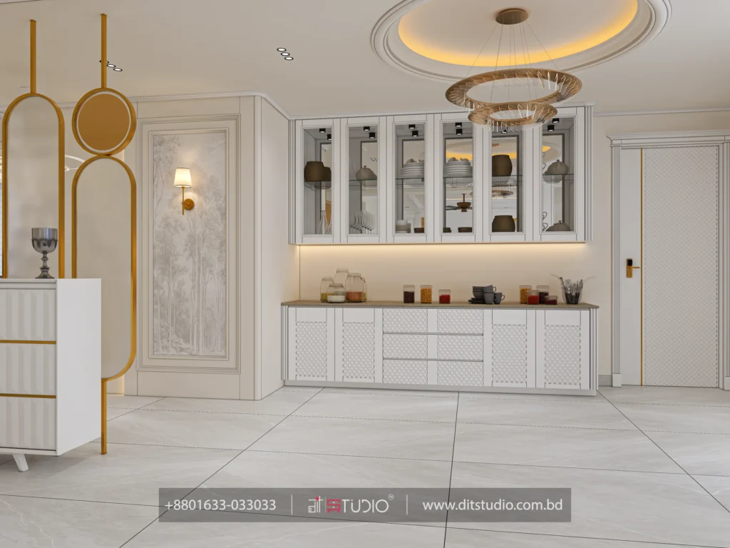 Crockery cabinets with glass fronts, forest mural panel and a gold ring chandelier