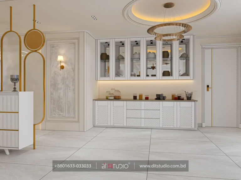 Crockery cabinets with glass fronts, forest mural panel and a gold ring chandelier
