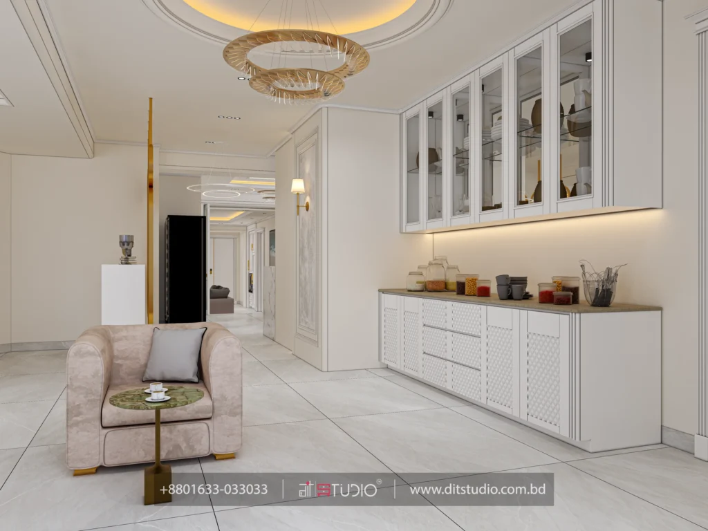 Pantry counter with backlit glass cabinets and a blush velvet armchair by the corridor