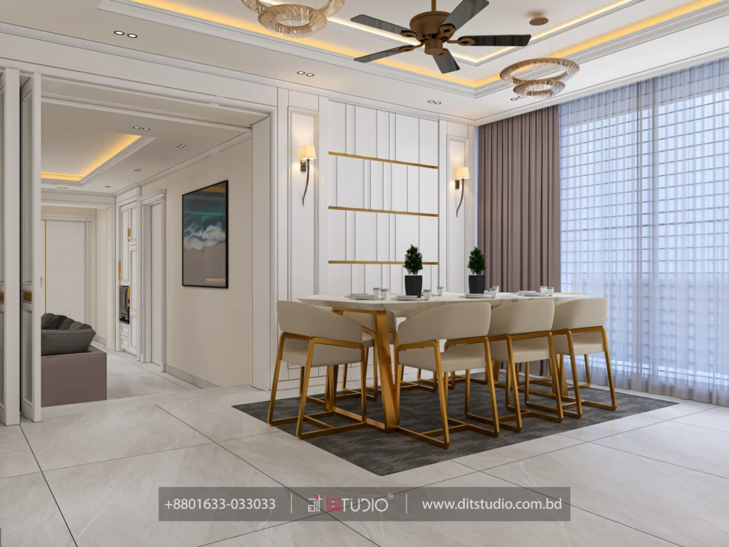 Dining table with gold frame chairs below a gold shelf feature panel and wall sconces