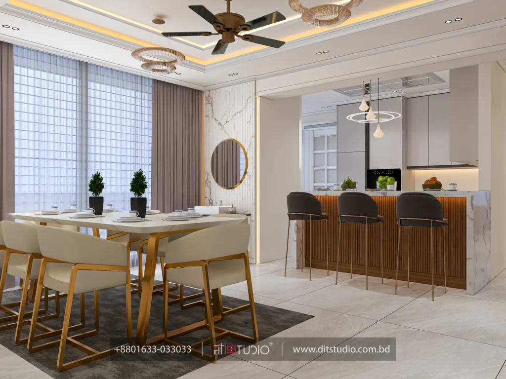 Dining and breakfast bar with marble mirror panel, round gold mirror and fluted wood island