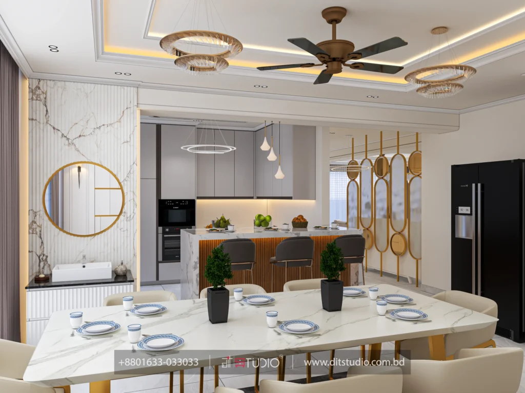 Marble dining table set with blue rim plates beside the open kitchen island, Gulshan 2