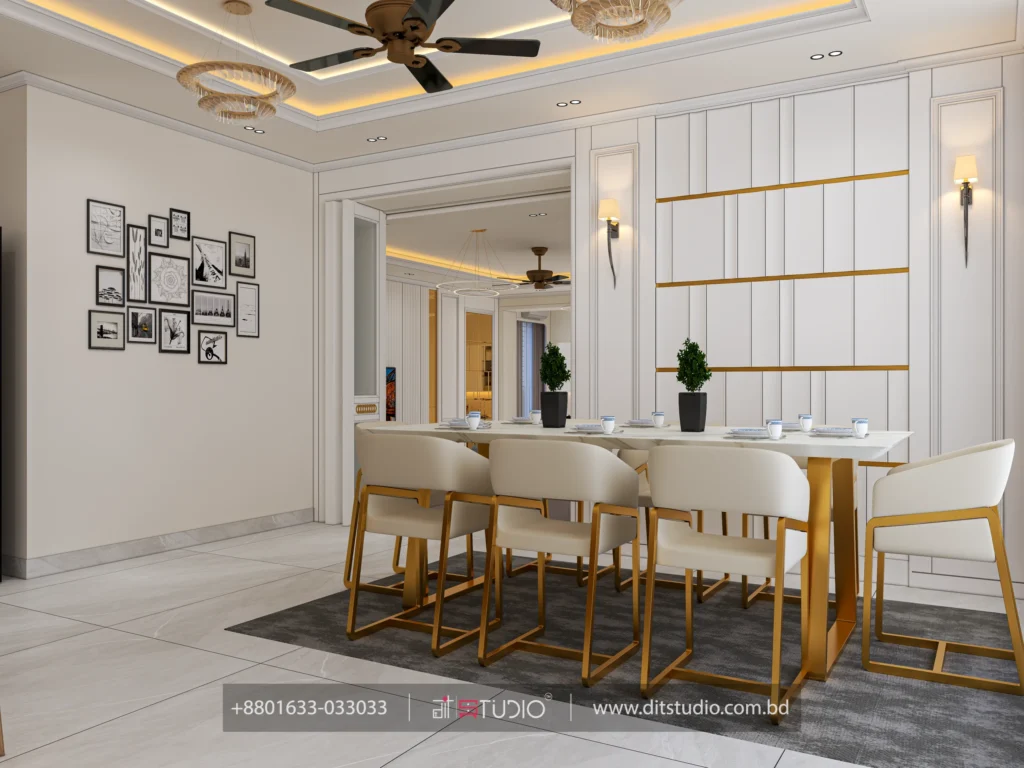 Dining room with a black and white gallery photo wall and gold shelf panelling