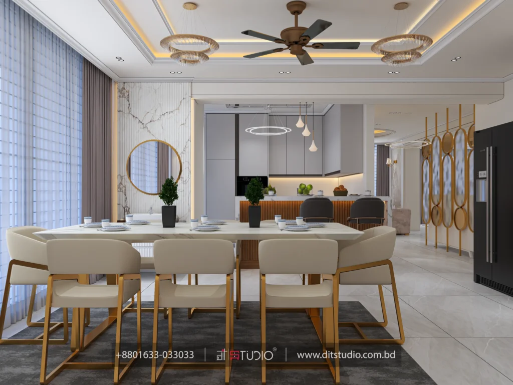 Wide dining view to the open kitchen with gold circle screen partition and refrigerator