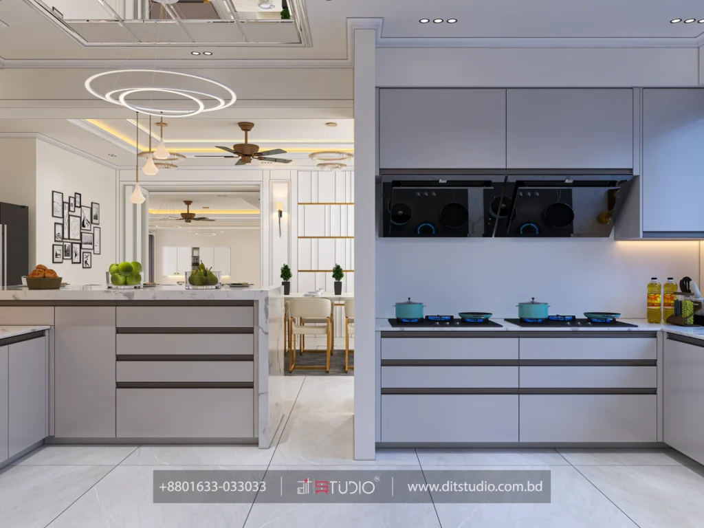 Grey modular kitchen with induction hob, black chimney hood and marble breakfast counter