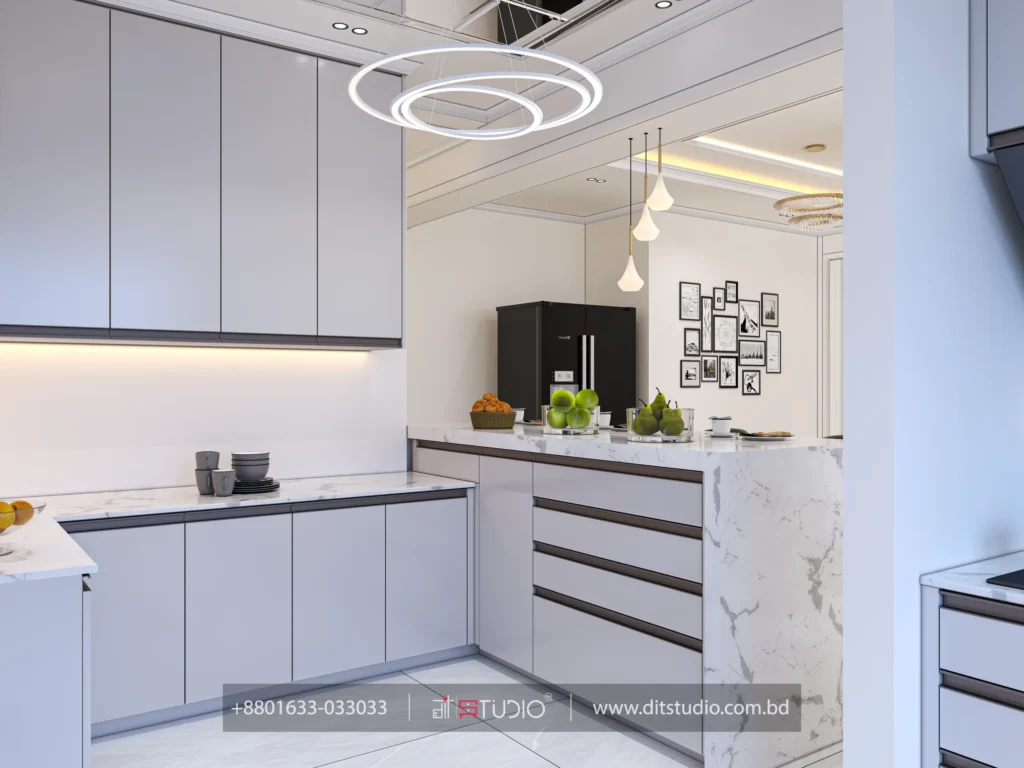 Kitchen corner with grey handleless cabinets, ring pendant and marble waterfall island