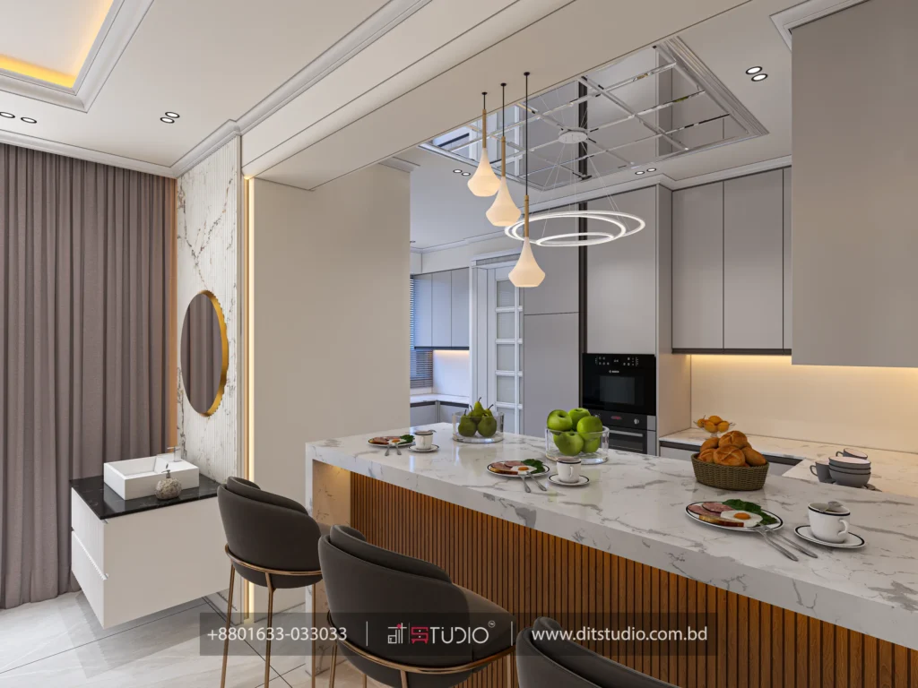 Breakfast bar in fluted wood with marble top, drop pendants and a round gold mirror wall