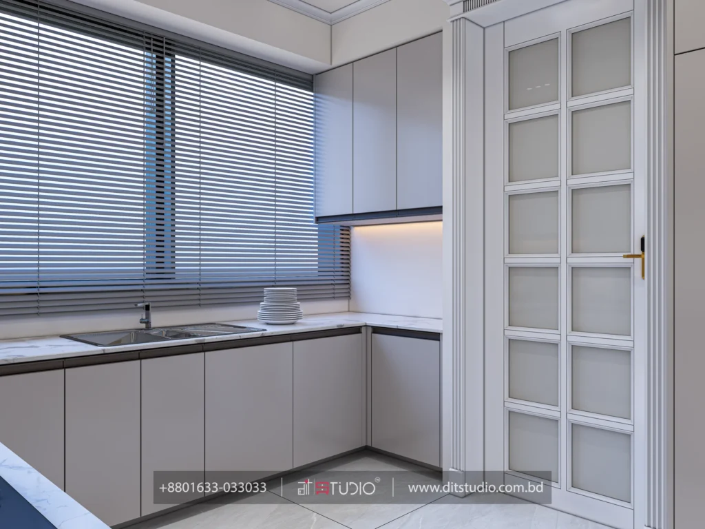 Utility kitchen with window blinds, double sink and a frosted glass folding door