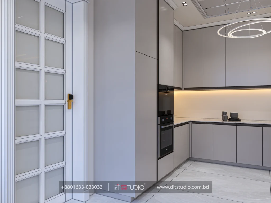 Grey kitchen with built in oven, backlit counter and frosted glass panel door