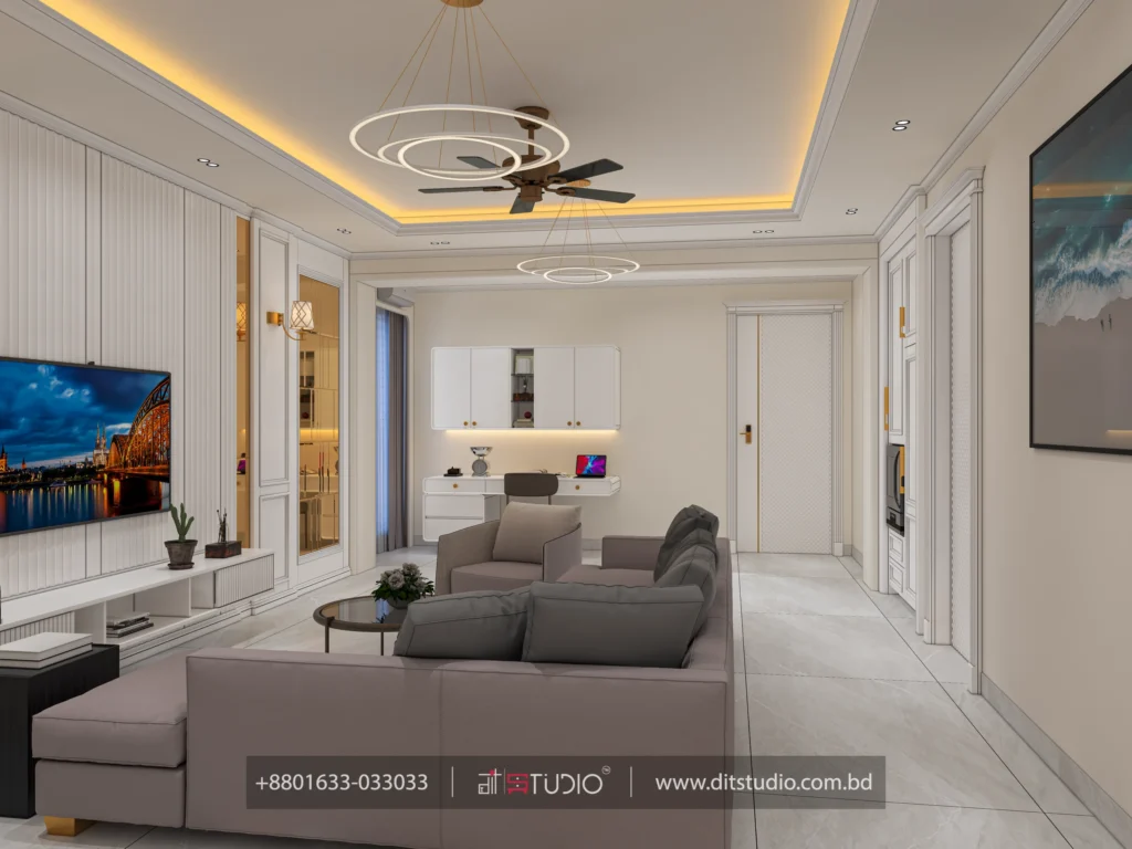 Family living room with wall mounted TV, grey sectional and a built in study desk unit