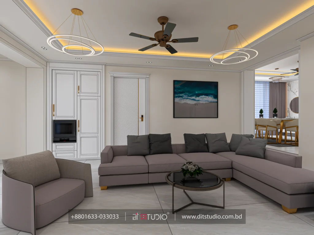 Grey L shaped sectional with ocean artwork, ceiling fan and ring pendant lights
